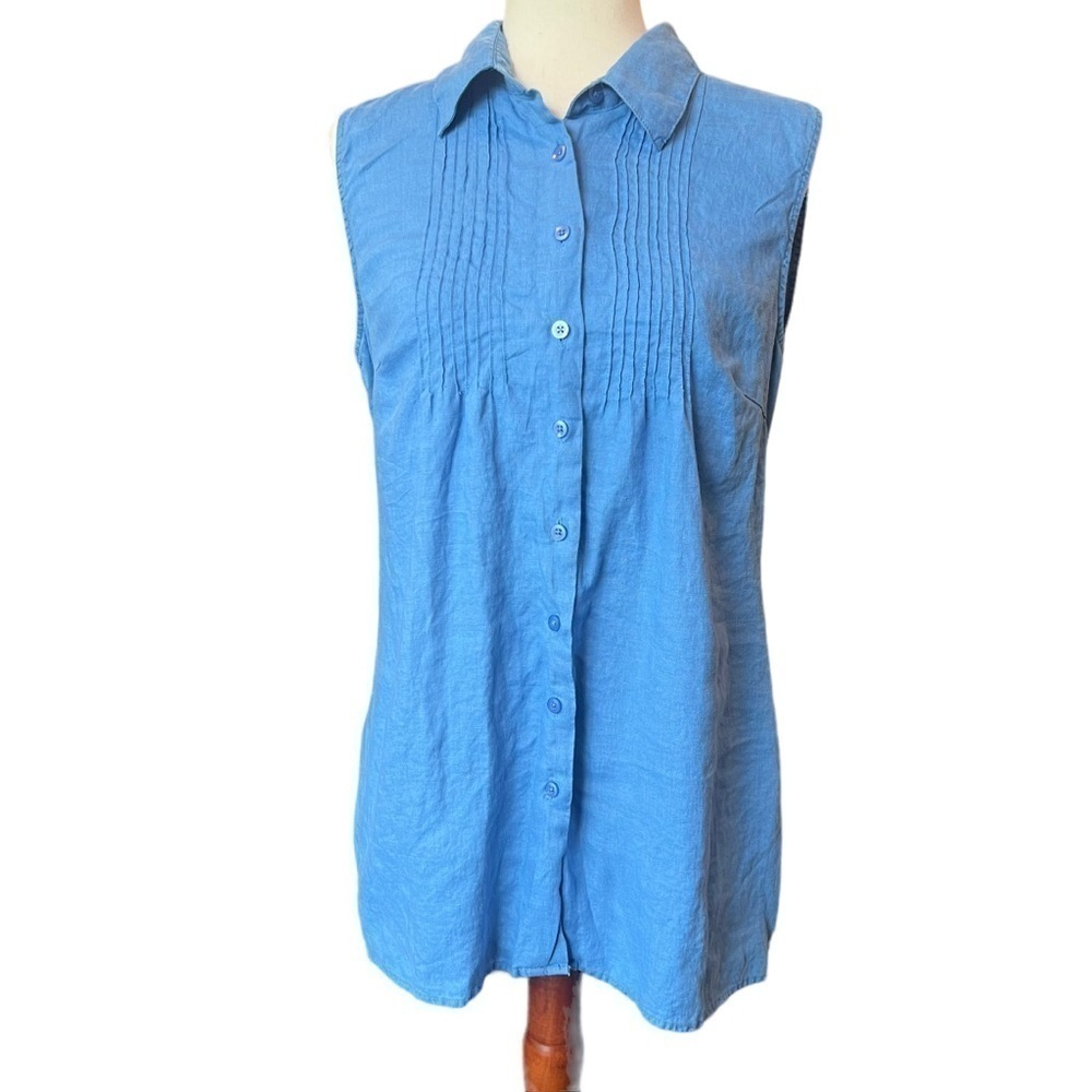 Carole Little 100% Linen 90s Sleeveless Button Down Top XL Blue Vintage Beachy